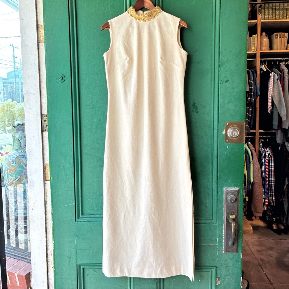 Vintage Jerrie Lurie Sleeveless White Maxi Dress Gold Embellished Collar